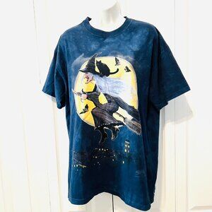 Skulbone-Blue Tie Dyed Witch/Bats/Black Cat Large 100% Cotton Unisex T Shirt